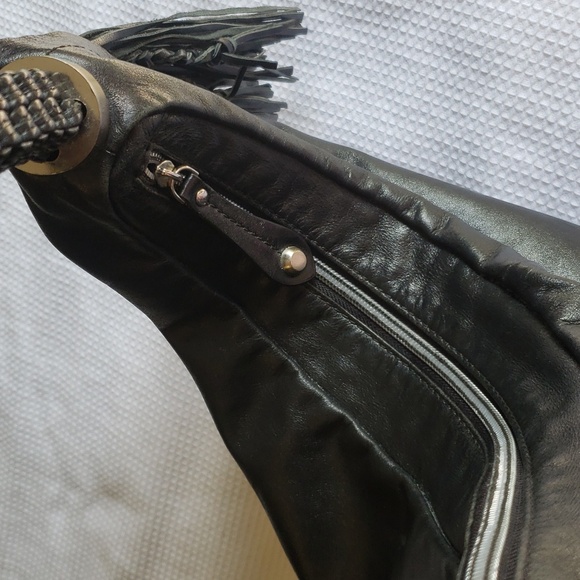 Dissona Italy Design Large Black Leather HOBO Tassel Shoulder Bag Handbag Purse - Picture 6 of 10